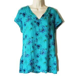 NWOT Cut-Loose Aqua Floral V-Neck Cap Sleeve Top Aqua Blue Green Floral Motif